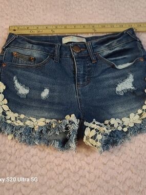 No Boundaries Denim Jean Shorts with Lace Trim - Blue
